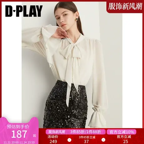 DPLAY奶油杏不规则袖口荷叶边泡泡袖系带蝴蝶结雪纺衬衫商品大图