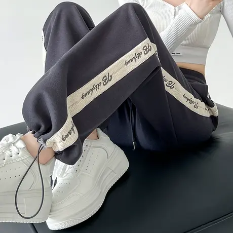 美式束脚抽绳运动裤女2023春秋新款高腰显瘦宽松休闲灰色阔腿卫裤商品大图