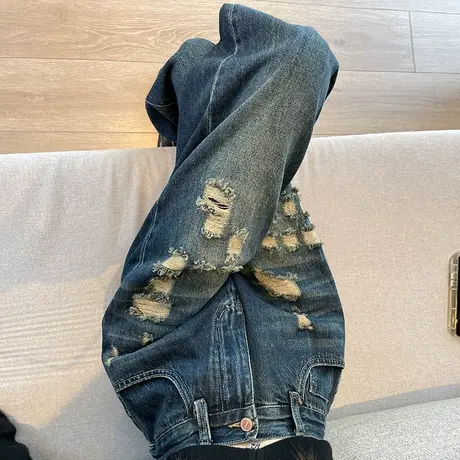 破洞直筒哈伦牛仔裤女2023秋季新款高腰显瘦遮胯卷边萝卜老爹裤潮图片