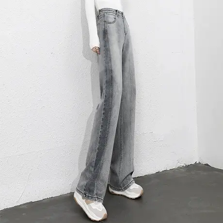 浅灰色裤子阔腿牛仔裤女2023年新款春季女裤宽松拖地裤窄版直筒裤商品大图