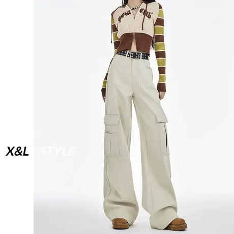 美式杏色工装牛仔裤女高腰2023新款秋装小个子直筒阔腿宽松休闲裤图片