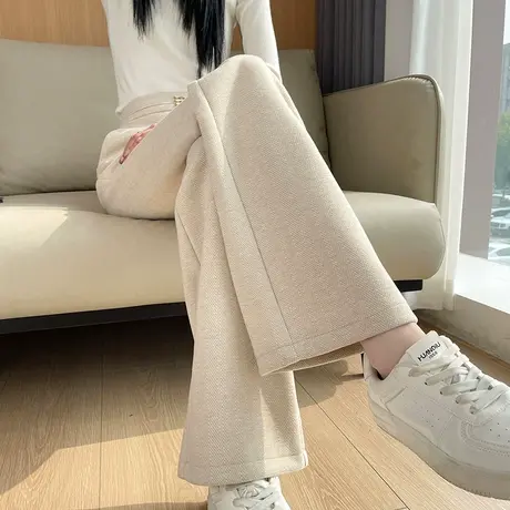 杏色羊绒毛呢裤女微喇裤高腰显瘦秋冬新款加厚休闲直筒呢子喇叭裤图片