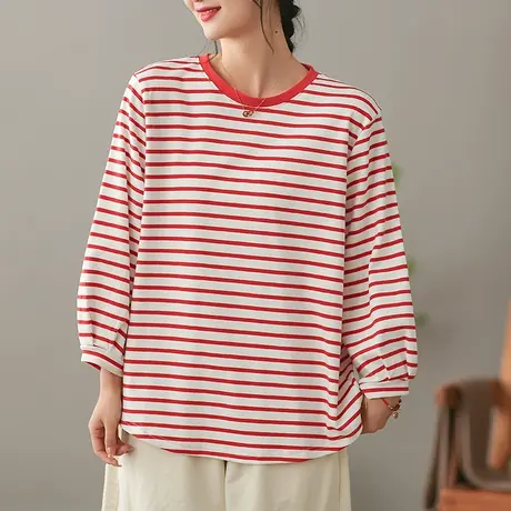 dza 复古圆领条纹卫衣女士2023春季新款宽松套头外搭百搭显瘦上衣图片