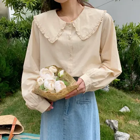 早春新款学生复古娃娃领宽松长袖白衬衫女设计感小众衬衣内搭上衣图片