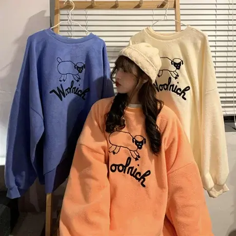 羊羔毛卫衣女套头韩版潮宽松bf慵懒风加绒加厚ins超火cec外套洋气商品大图