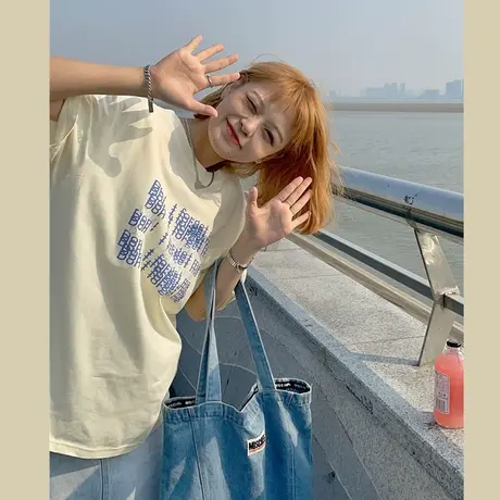 原创温柔风字母百搭2023新款韩版夏装宽松ulzzang纯棉短袖T恤女商品大图