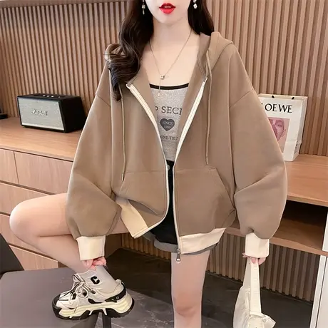 早秋装连帽卫衣女春秋季韩版宽松大码薄款小个子简约撞色开衫外套商品大图