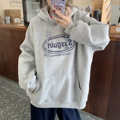 灰色卫衣女秋冬季加绒加厚款oversize宽松连帽潮ins韩版大码外套图片