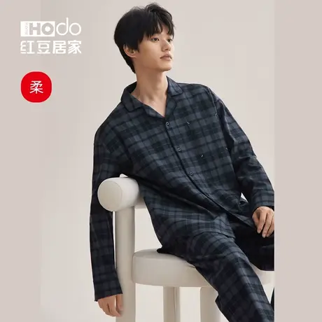 纯棉长袖睡衣男士格子冬季磨毛套装红豆居家宽松外穿家居服春秋款商品大图