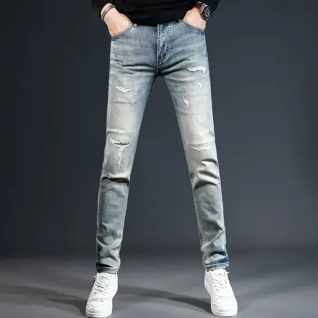 欧美高端牛仔裤男2023新款秋冬季复古修身小脚破洞补丁弹力裤子男商品大图