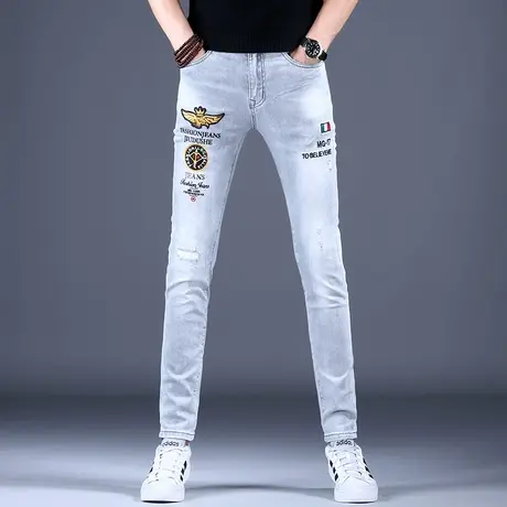 男士新款牛仔裤子2023秋冬潮流灰色时尚刺绣修身小脚裤棉弹百搭款商品大图