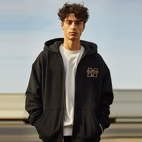 黑色加肥加大码男装连帽胖子外套拉链卫衣宽松字母休闲百搭春秋季商品大图