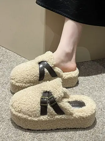 高级感厚底松糕羊羔毛毛拖鞋女秋冬外穿2023年新款网红包头棉拖鞋商品大图