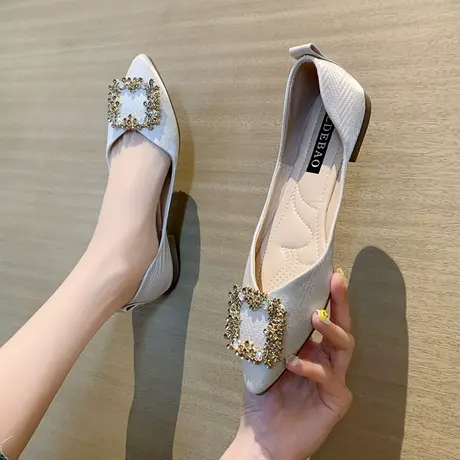 豆豆鞋女夏2024年新款网红平底浅口尖头时尚百搭水钻法式小众单鞋商品大图