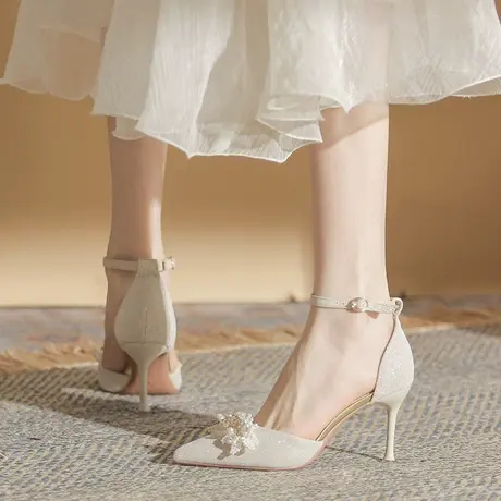 一字带高跟鞋女细跟2024春季新款设计感小众尖头中空水钻法式单鞋商品大图