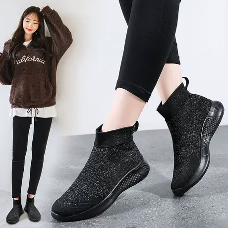 秋款女鞋高帮黑鞋百搭防滑妈妈运动鞋子全黑袜子鞋女老北京上班鞋商品大图