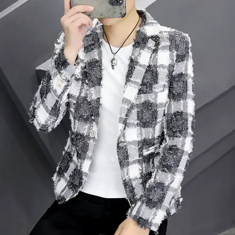 痞帅个性小西服男潮牌韩版拼接撞色流行外套秋季高级感夜场小西装图片