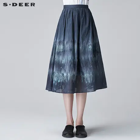sdeer圣迪奥2019夏装女A廓沉寂蓝调印花百褶长款半身裙S17281174图片