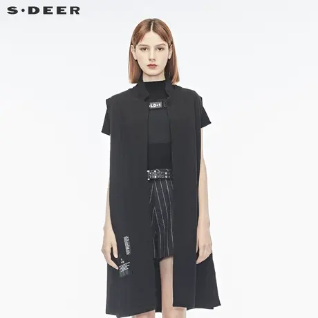 sdeer圣迪奥2018新款女装翻领贴布长款无袖背心马甲S18181601商品大图