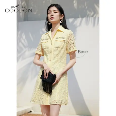 missCOCOONT恤裙子2023夏新款女时尚镂空蕾丝通勤气质短袖连衣裙图片