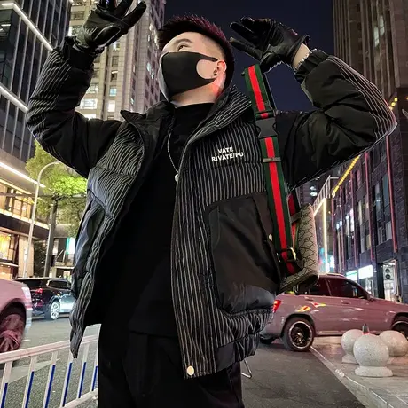 棉服男冬季新款时尚条纹拼接小众设计感重磅加厚连帽棉衣潮牌外套图片