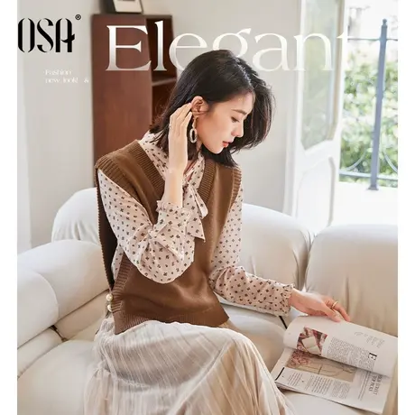 OSA欧莎马甲背心外穿针织衫女秋装2022年新款洋气打底雪纺衫上衣商品大图
