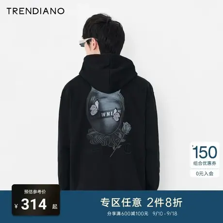 TRENDIANO官方潮牌秋冬男装时尚百搭抽象图案刺绣袋鼠兜连帽卫衣商品大图