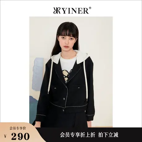 *【小香风】Goodland美地女装秋季黑色复古拼接连帽宽松短外套商品大图