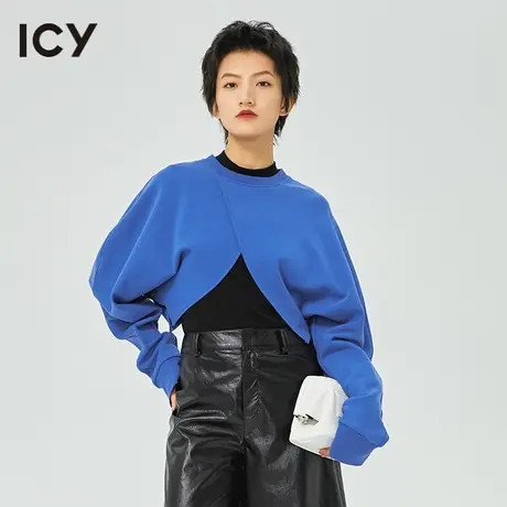 icy女装设计春秋新款休闲街头高领撞色叠穿两件套卫衣女图片