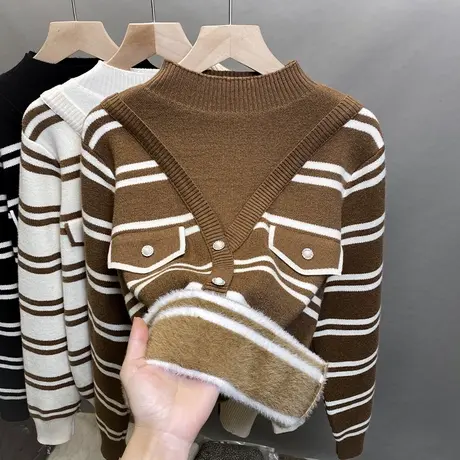 一体绒半高领毛衣女加绒厚打底衫2023秋冬新款针织衫假两件上衣潮商品大图