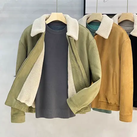 翻领羊羔绒外套男冬季加绒加厚2023新款韩系短修身麂皮绒飞行夹克图片