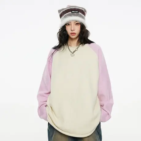 Nuthink国潮加厚拼色撞色毛衣男春季保暖宽松打底针织衫男女同款商品大图