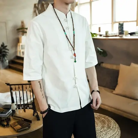 唐装男夏季青年古风汉服复古中国风男装衬衫亚麻短袖居士服禅修服图片