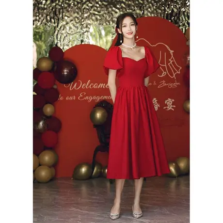 敬酒服新娘女夏季薄款小个子酒红色订婚礼服连衣裙2023新款遮手臂商品大图