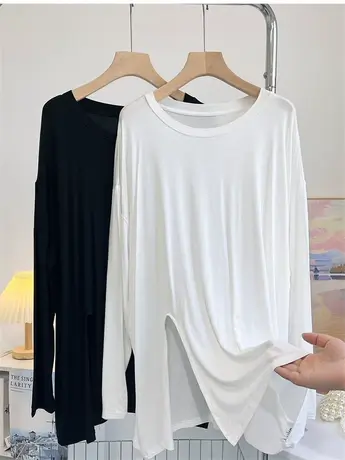 中长款莫代尔下摆开叉T恤女春秋洋气宽松设计感遮屁股休闲上衣潮商品大图