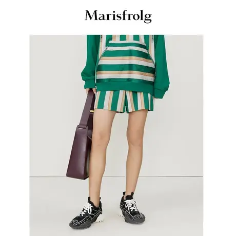 【条纹设计】玛丝菲尔春季新款绿色条纹休闲短裤裤子女图片