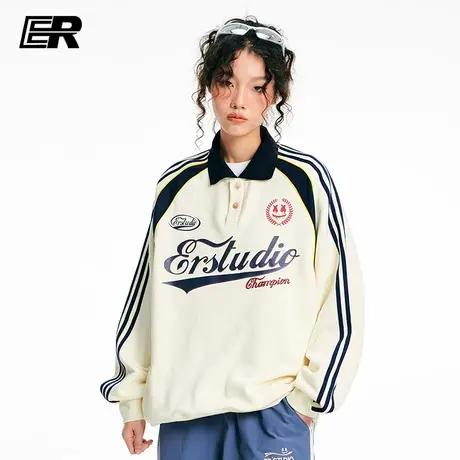 ER拼接撞色条纹Polo领卫衣男春秋潮牌宽松翻领情侣商品大图