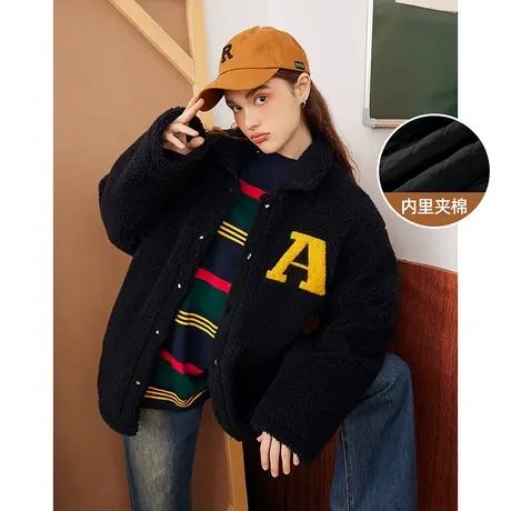 a02仿羊羔毛夹棉上衣2023秋冬款刺绣字母街头潮流女式棉衣图片