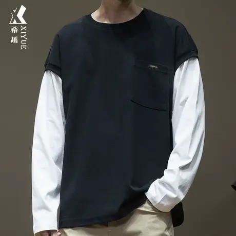 希越300g重磅长袖假两件T恤男2024春季新款宽松大码男士打底卫衣商品大图