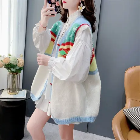 多巴胺拼色针织开衫马甲背心女春季2024年新款洋气减龄设计感上衣商品大图