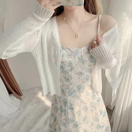 白色开衫防晒外套女夏季薄款外搭气质温柔风长袖冰丝短款针织上衣图片