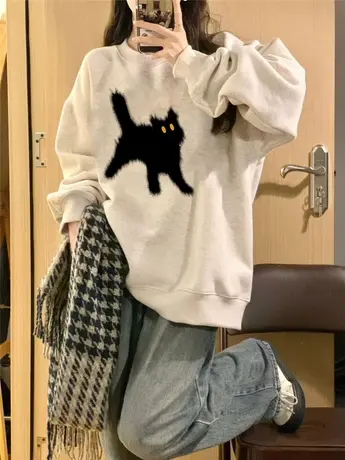 oversize美式复古灰色卫衣女2024新款春秋薄款宽松设计感早秋上衣商品大图