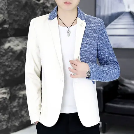 春秋男士韩版西装外套设计高级感拼接撞色痞帅休闲格子时尚小西服商品大图