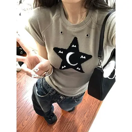 短款正肩刺绣T恤上衣女夏季百搭韩版修身显瘦纯棉短袖体恤潮牌ins商品大图