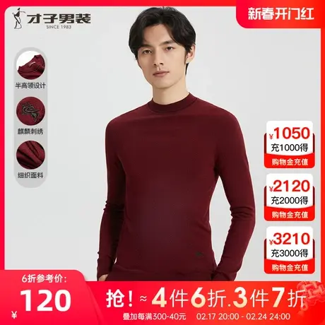 【半高领】才子男装圆领羊毛针织衫男士2022秋季新款刺绣打底毛衣商品大图
