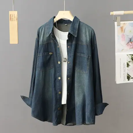 2024春季新款文艺复古做旧蓝色牛仔衬衫女宽松中长款外套衬衣上衣商品大图