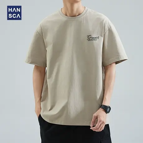 hansca 260g重磅短袖T恤男夏季纯棉卡其色宽松大码潮牌休闲上衣服商品大图