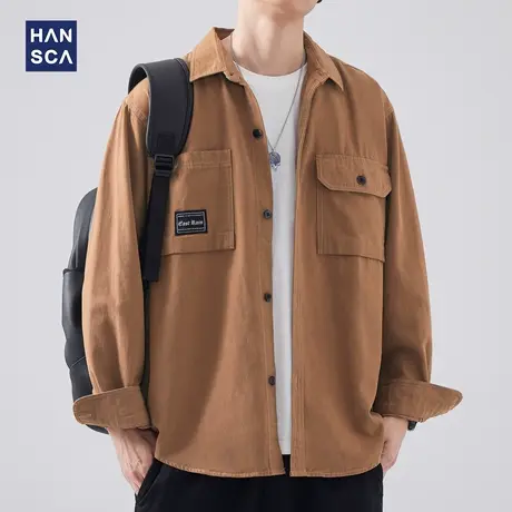 hansca春季新款翻领长袖衬衫男日系工装复古水洗宽松休闲衬衣外套商品大图