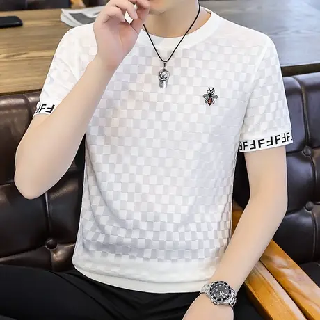 短袖T恤男夏装薄款上衣冰丝半袖中学生汗衫夏季帅气男装镂空体恤图片