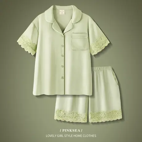 Pinksea睡衣女夏季新款清新甜美冰丝短袖短裤套装大码夏天家居服商品大图
